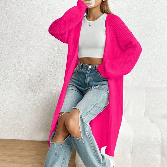 . Sweaters - Pink Casual Womens Solid Raglan Sleeve Duster Cardigan